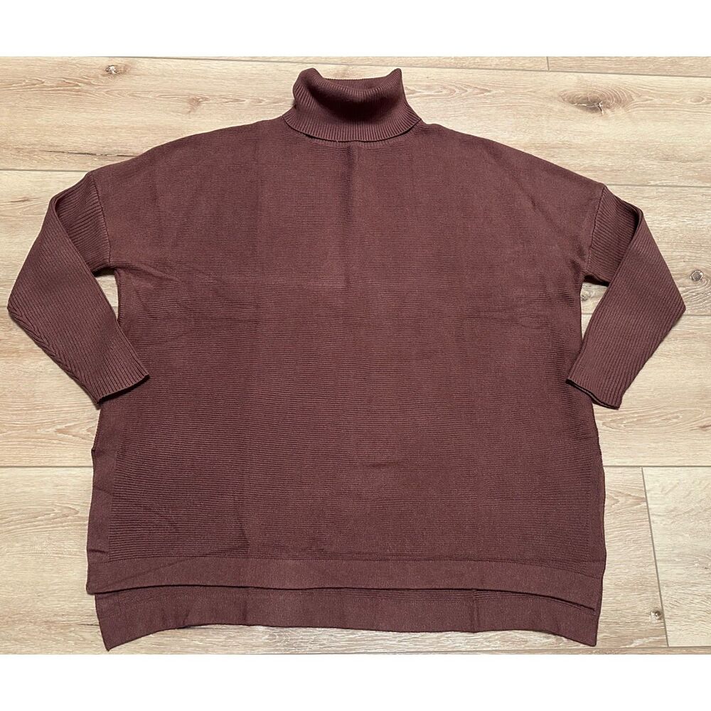 Women's EFAN Turtleneck Tunic Sweater Brown Split Hem XL EUC!